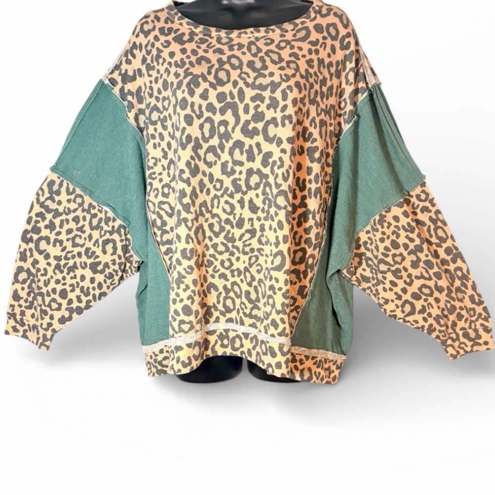 Fantastic Fawn Oversized Leopard Patchwork Top - Size L - EUC